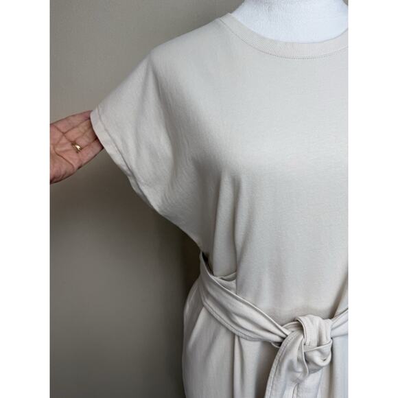 Zara Midi Cotton Bone Ivory Color Tie Waist Dress Sz M Short Sleeve Classic - Picture 3 of 13